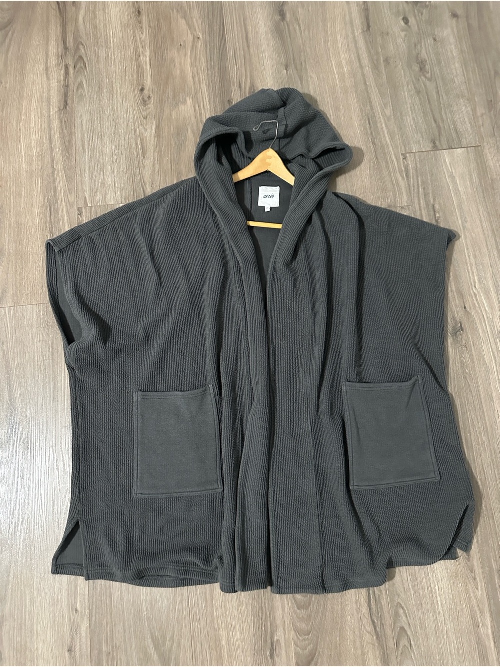 aerie Hooded Waffle-Knit Sweater in Charcoal Kimono Texture Loose Fit